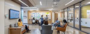 a modern office meeting room, equipped with digital assessment tools, features a diverse group of individuals engaging in a discussion about their readiness for therapy, with visual aids like charts and motivational signage on the walls, under bright, focused lighting.