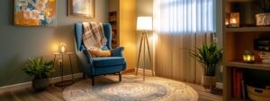 a cozy, modern counseling office with an inviting therapist's chair, warm ambient lighting, and soothing decor, creating an atmosphere of comfort and professionalism for mental health support.
