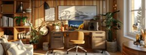 a cozy, well-lit home office setting features a neatly arranged desk with a laptop, headphones, and calming decor, conveying a focused ambiance ideal for online emdr therapy preparation.
