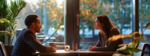 a focused counseling session in a modern office, featuring a licensed counselor attentively engaging with a client across a sleek, minimalist desk, illuminated by warm indoor lighting that conveys a sense of professionalism and trust.