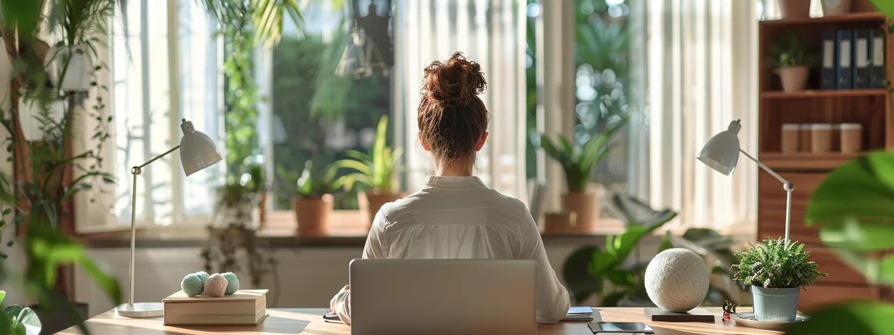 a focused individual sits at a sleek, modern office desk, surrounded by calming tools like stress balls and mindfulness books, as they practice breathing techniques to manage anger in a minimalist urban workspace bathed in soft, ambient light.