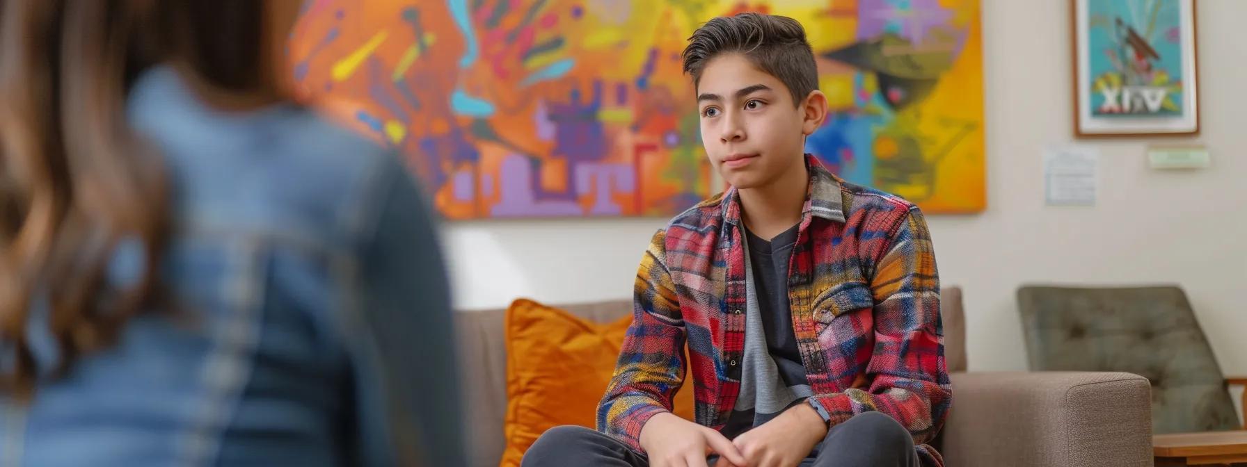 a focused teenager sits in a modern counseling office, surrounded by colorful abstract art and supportive visual aids, attentively engaging in a constructive dialogue with a compassionate counselor, emphasizing emotional understanding and growth.