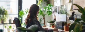 a focused therapist appears on a clear video call screen, surrounded by modern office decor, as they guide a client through an emdr therapy session using digital tools, with a calming atmosphere that emphasizes connection and professionalism.