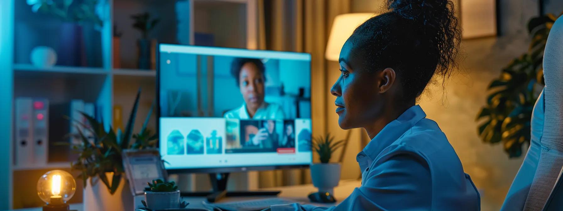 a focused therapist conducts an online emdr session, illuminated by soft office lighting, showcasing a professional setup with a computer displaying a video call interface, emphasizing the seamless integration of technology in trauma therapy.