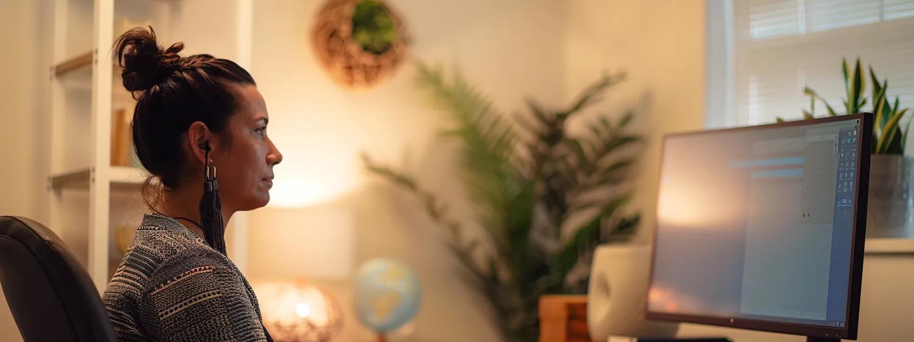 a focused therapist engages an online emdr session with a patient in a modern office setting, featuring a sleek computer and calming, minimalistic decor that enhances the therapeutic atmosphere.