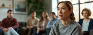 a focused therapist guides a diverse group of individuals through a dynamic dbt session in a modern, well-lit counseling office, emphasizing emotional resilience and mindfulness.