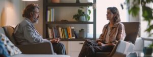 a focused therapist is seated in a modern, softly-lit office, attentively guiding a client through an engaging session of eye movement desensitization and reprocessing therapy, with visual aids and a calming atmosphere enhancing the therapeutic environment.