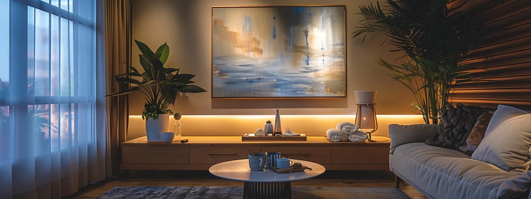 a focused therapist's office with a comfortable couch, a coffee table holding calming decor, and a large abstract painting symbolizing emotional balance, all illuminated by soft, warm lighting to evoke a sense of safety and reflection.