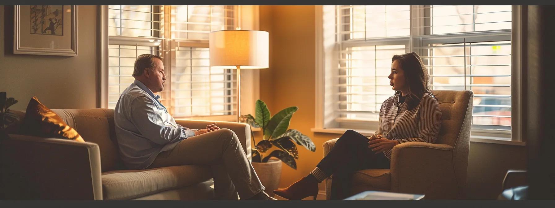 a focused therapy session unfolds in a warmly lit office, featuring a plush armchair and a sleek couch, where a therapist attentively engages with a client, embodying trust and connection in their expressions.