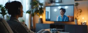 a focused virtual therapy session unfolds in a sleek, modern office, where a licensed therapist engages thoughtfully with a client on a high-resolution screen, emphasizing the professionalism and trust inherent in online mental health care.