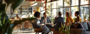 a modern, brightly-lit office space features a diverse group of licensed mental health professionals engaged in a collaborative discussion, highlighting their distinct roles and qualifications in a vibrant and supportive atmosphere.