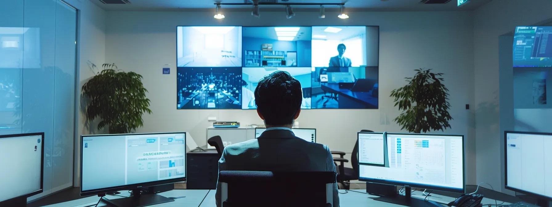 a modern office space features a thoughtful individual seated at a sleek desk, surrounded by dual screens displaying online therapy and teletherapy options, emphasizing their personal decision-making process.
