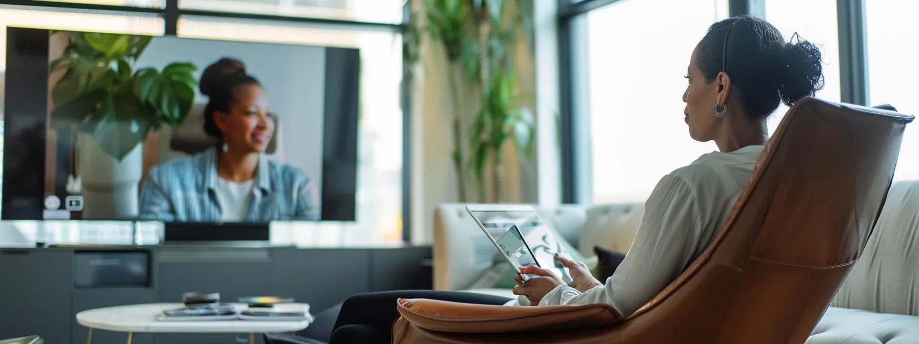 a modern, sleek office space features a therapist seated comfortably in front of a large screen, engaging in a vibrant video call with a client, encapsulating the essence of online therapy and its interactive, supportive nature.