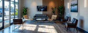 a modern, sleek therapy office adorned with minimalist decor and digital screens, where a therapist engages with a client through a virtual counseling session, capturing the essence of contemporary mental health treatment in huntington beach.
