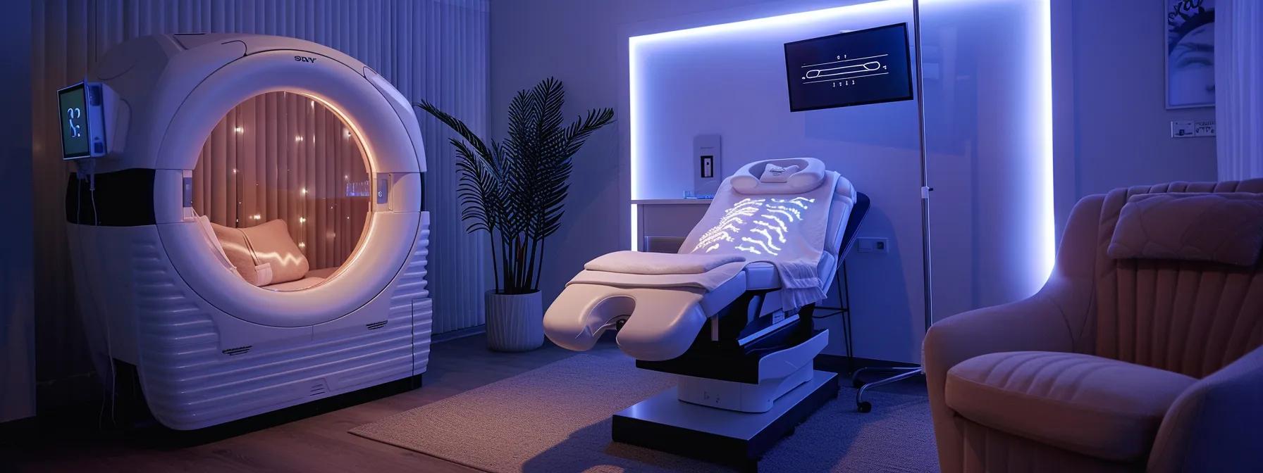 a modern therapy room with soft ambient lighting and a sleek digital device displaying virtual emdr therapy, creating an atmosphere of calm focus and innovative mental health treatment.