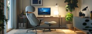 a modern, well-lit home office featuring a comfortable chair facing a sleek computer setup, with calming decor that embodies the concept of accessible online mental health support.