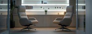 a modern, well-lit therapy office features two sleek, contemporary chairs positioned across from each other, illuminated by soft, inviting lighting, symbolizing the contrast between online therapy and teletherapy in a professional setting.