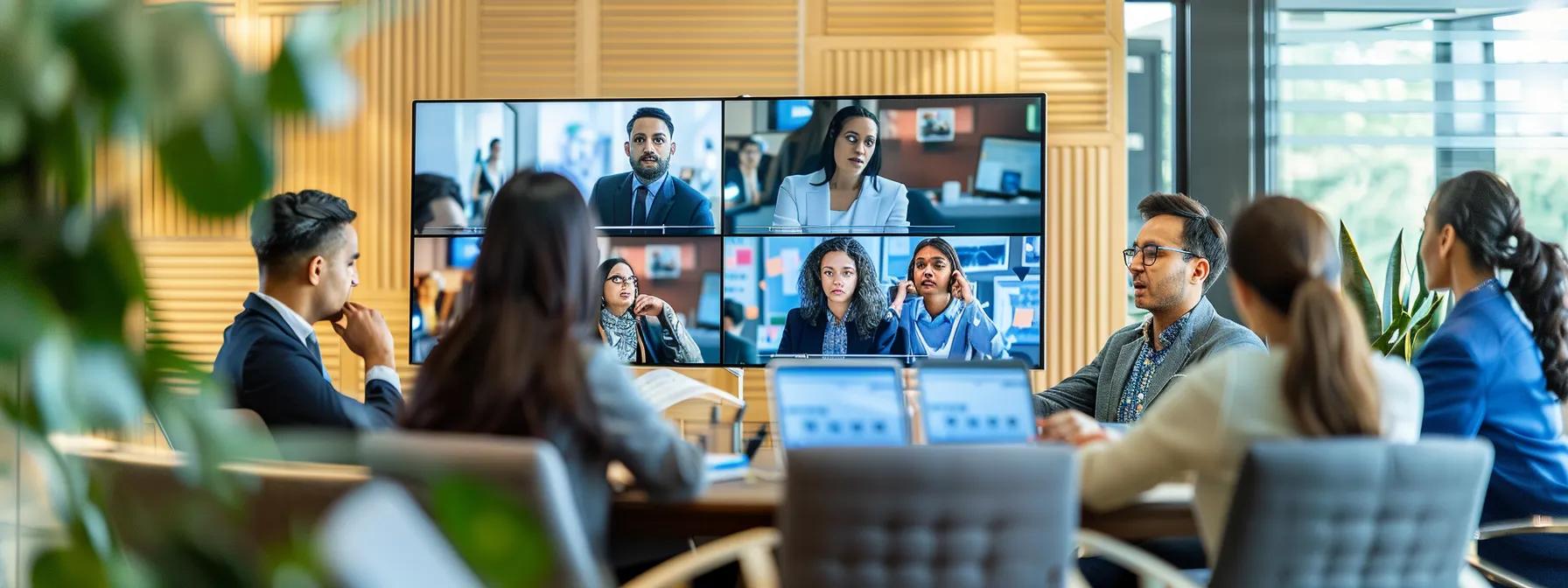 a modern, well-lit office setting showcases a diverse group of professionals engaged in a dynamic discussion, surrounded by digital screens displaying various teletherapy service options and features.