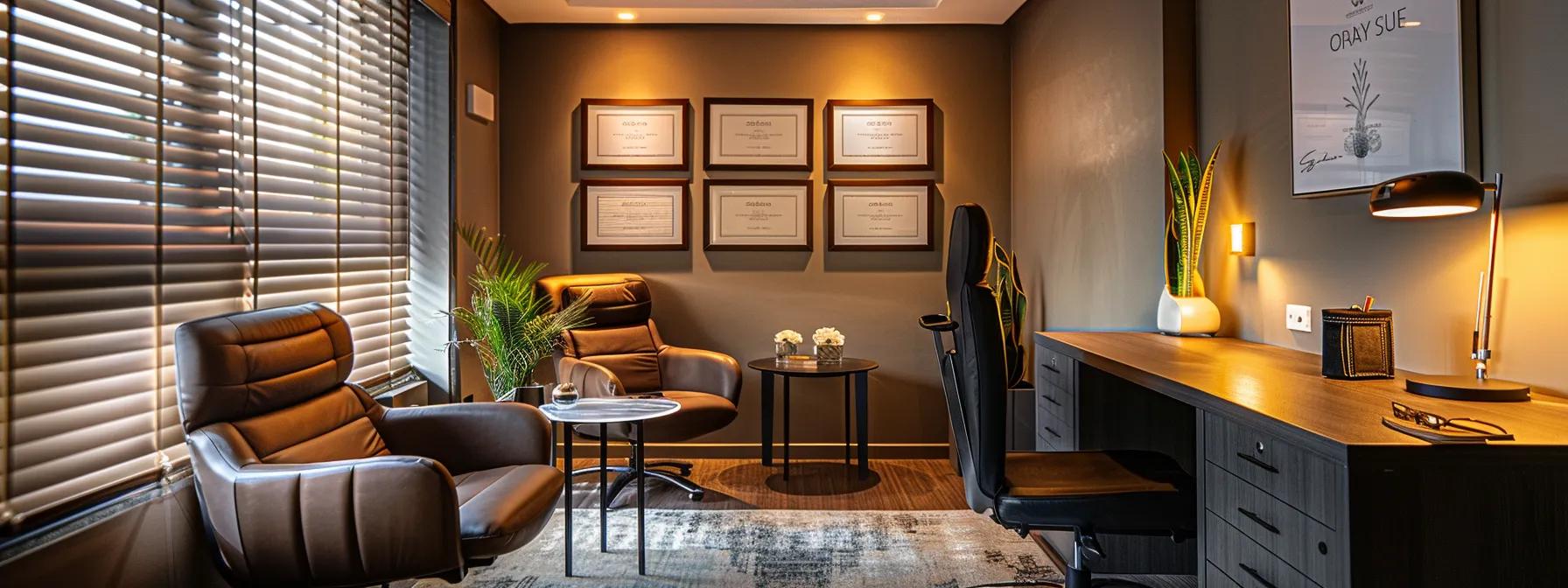 a professional therapist's office showcases an inviting atmosphere, featuring a sleek desk, cozy armchair, and a wall adorned with framed certificates, all bathed in warm, ambient light to evoke trust and comfort.