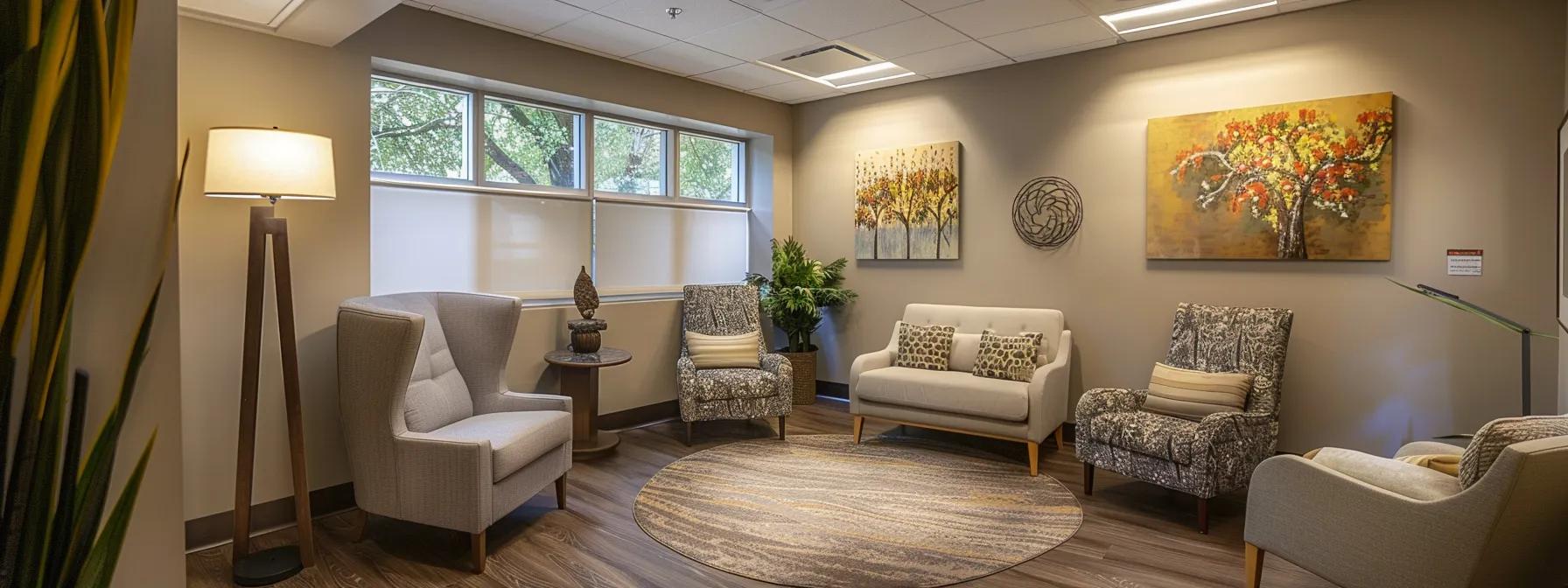 a serene, modern counseling office featuring a comfortable seating area with calming decor, where a licensed counselor engages a client in an insightful discussion about proven stress management techniques, illuminated by soft, warm lighting for an inviting atmosphere.