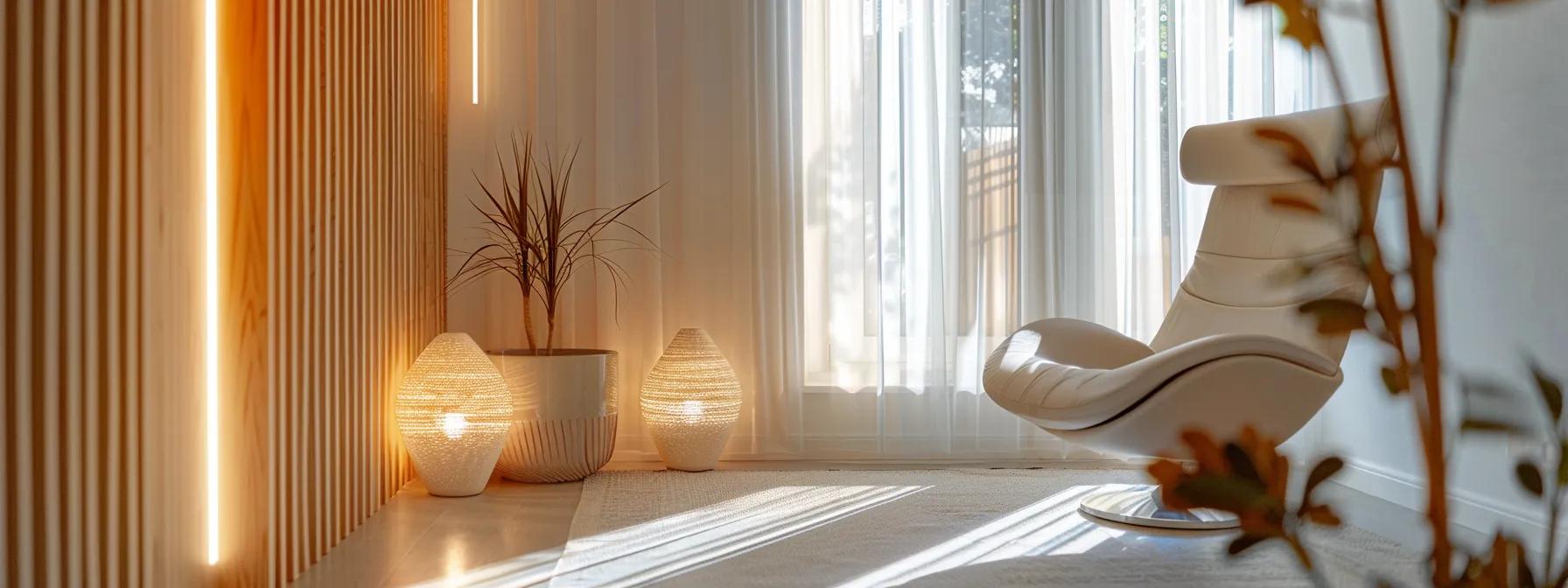 a serene, modern therapy room bathed in soft, warm lighting, featuring a comfortable chair and a minimalist decor, symbolizing the journey toward emotional healing and personal growth.