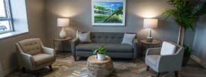 a serene office therapy room, elegantly arranged with a modern couch and soothing artwork, creating an inviting atmosphere for stress management sessions led by licensed mental health professionals.