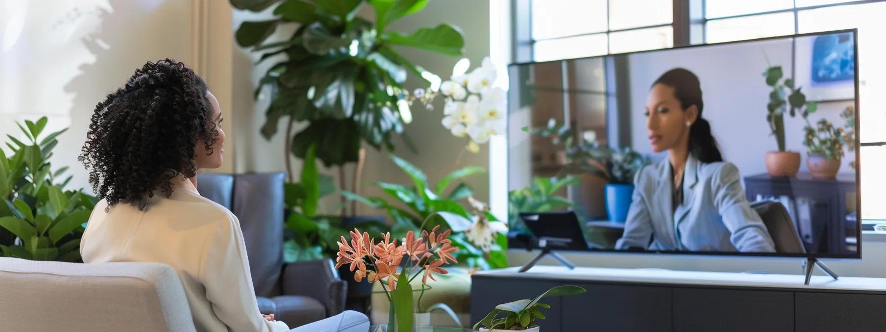 a serene virtual counseling session unfolds in a sleek, modern office, featuring a therapist engaging empathetically with a client through a high-resolution screen, surrounded by calming decor that enhances the therapeutic atmosphere.