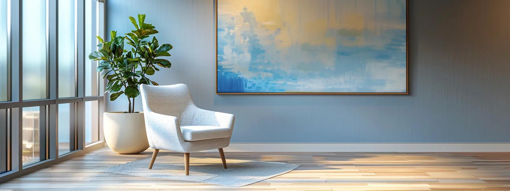 a sleek, modern therapy office, adorned with minimalistic decor and calming colors, features an inviting armchair facing a soothing artwork, symbolizing the fusion of mindfulness and emotional regulation in dialectical behavior therapy.