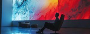 a somber but striking office environment featuring an individual seated in a modern, minimalist chair, gazing thoughtfully at a wall adorned with abstract art that symbolizes emotional turmoil and resilience.