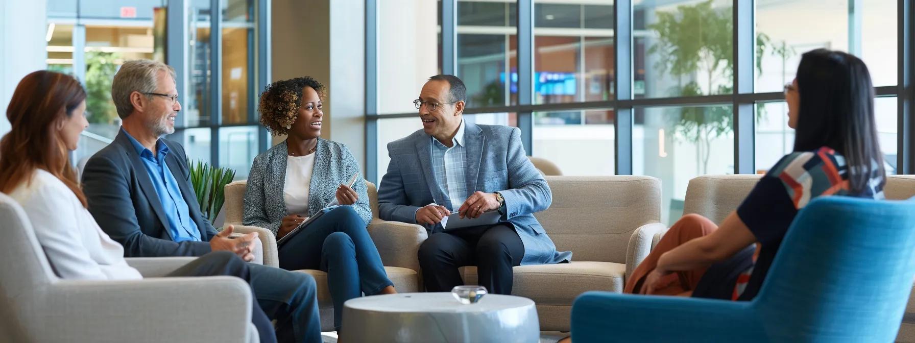 a vibrant, modern office space filled with diverse healthcare professionals engaging in a collaborative discussion about innovative stress relief techniques, highlighting a blend of therapy, nutrition counseling, and mindfulness practices.