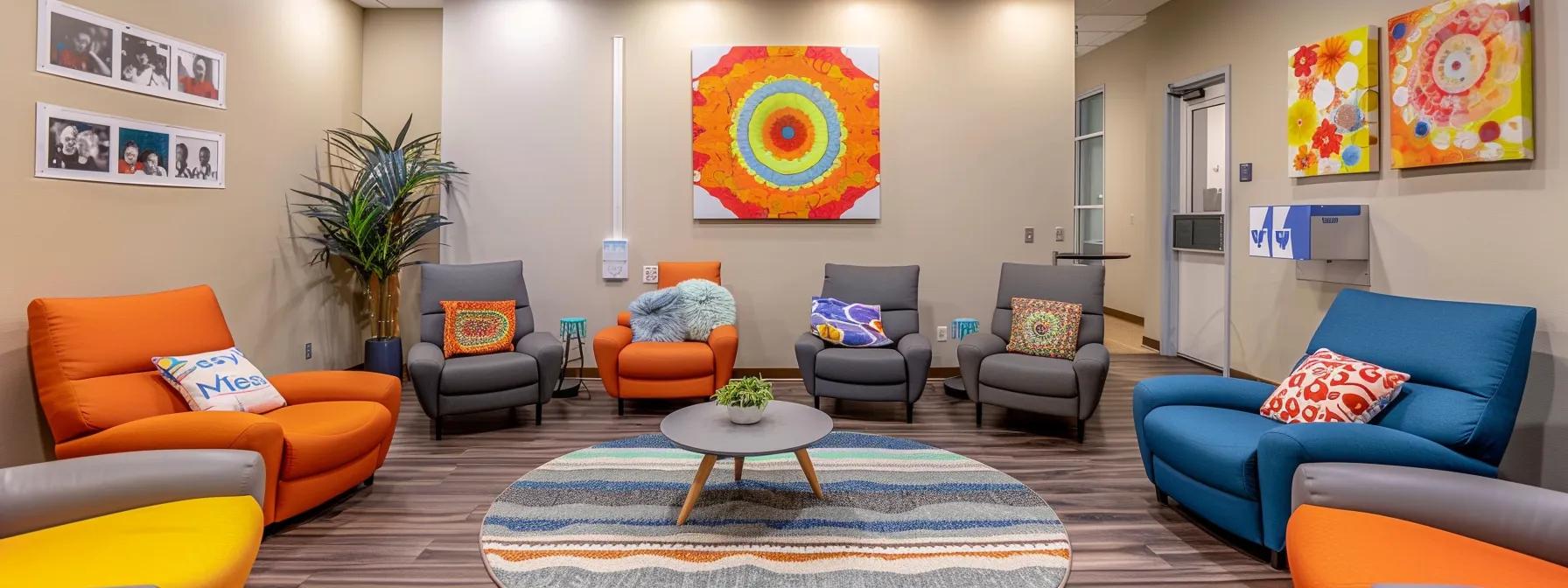 a warm, inviting therapy room in an orange county clinic, featuring comfortable seating and thoughtful decor, where a diverse group of adolescents engages in group therapy, illustrating the supportive and collaborative nature of specialized adolescent therapy programs.