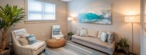an inviting and modern therapy room in orange county, featuring soft, warm lighting, comfortable seating, and calming artwork on the walls, designed to promote a sense of safety and openness for adolescents seeking support for stress and mental health.